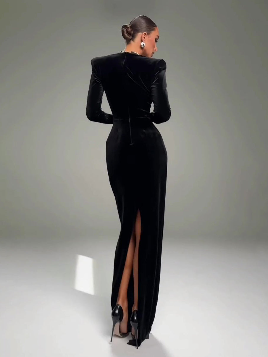 V-neck Long-sleeved Black Velvet Maxi Dress