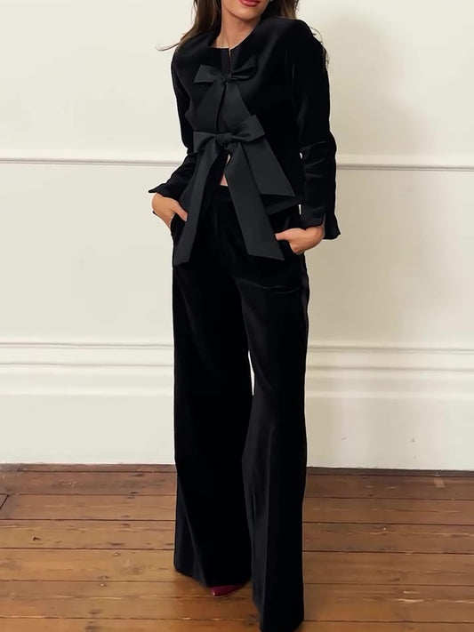 Black Velvet Bow Jacket & Wide-leg Pants Suit