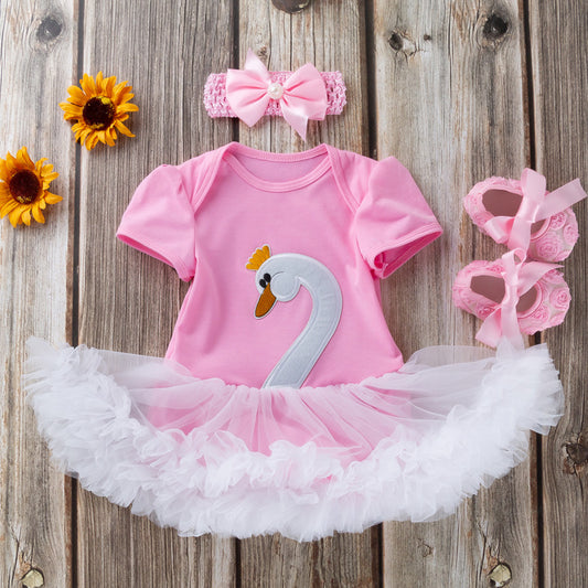 Swan Short Sleeve Baby's Gown Shoes Hair Accessories Three-piece Suit