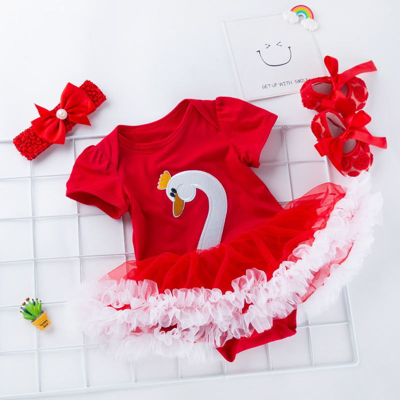 Swan Short Sleeve Baby's Gown Shoes Hair Accessories Three-piece Suit