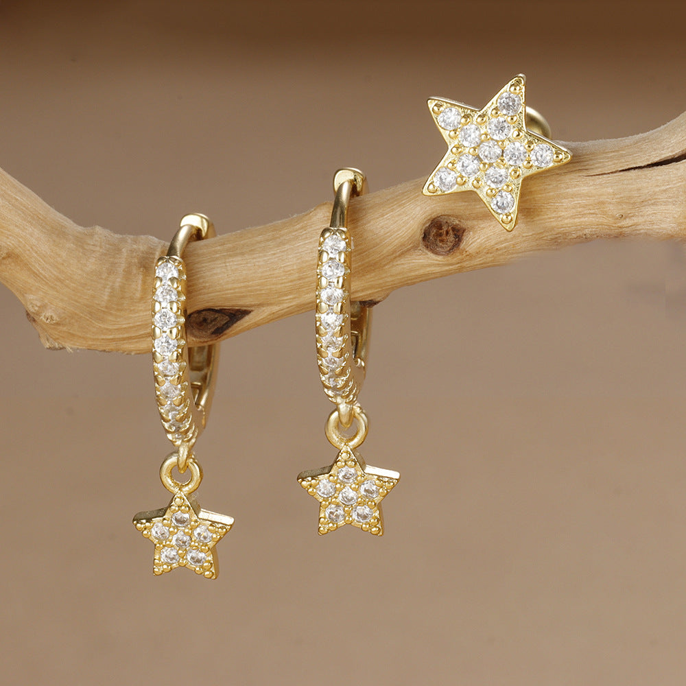 18K Real Gold Electroplated Zircon Moon Studs Three-piece Set