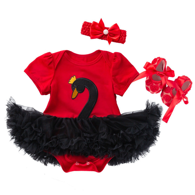 Swan Short Sleeve Baby's Gown Shoes Hair Accessories Three-piece Suit